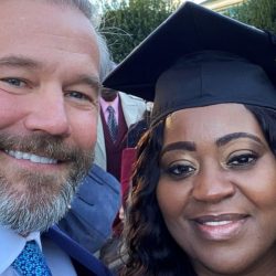Latonya Young wearing cap and gown pictured with Uber passenger kevin esch