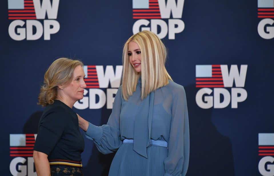 Kelley Currie and Ivanka Trump Speaking at the event wearing blue