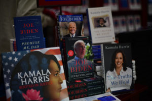 Kamala Harris and Joe Biden book stand