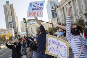 Supporters with signs for Harris and Biden