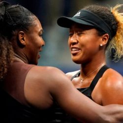 Serena Williams and Naomi Osaka hugging after a tennis match