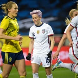 Megan Rapinoe at the U.S. versus Sweden match with teammates on the field